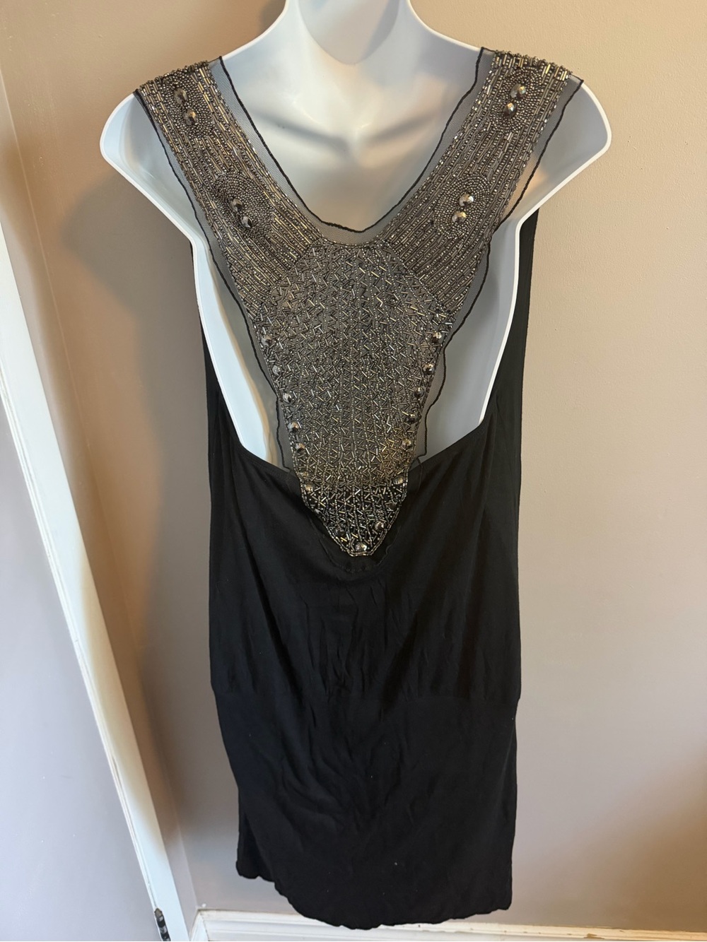 Castro Y2K Beaded Mesh Back Cowl Neck Mini Dress Black M